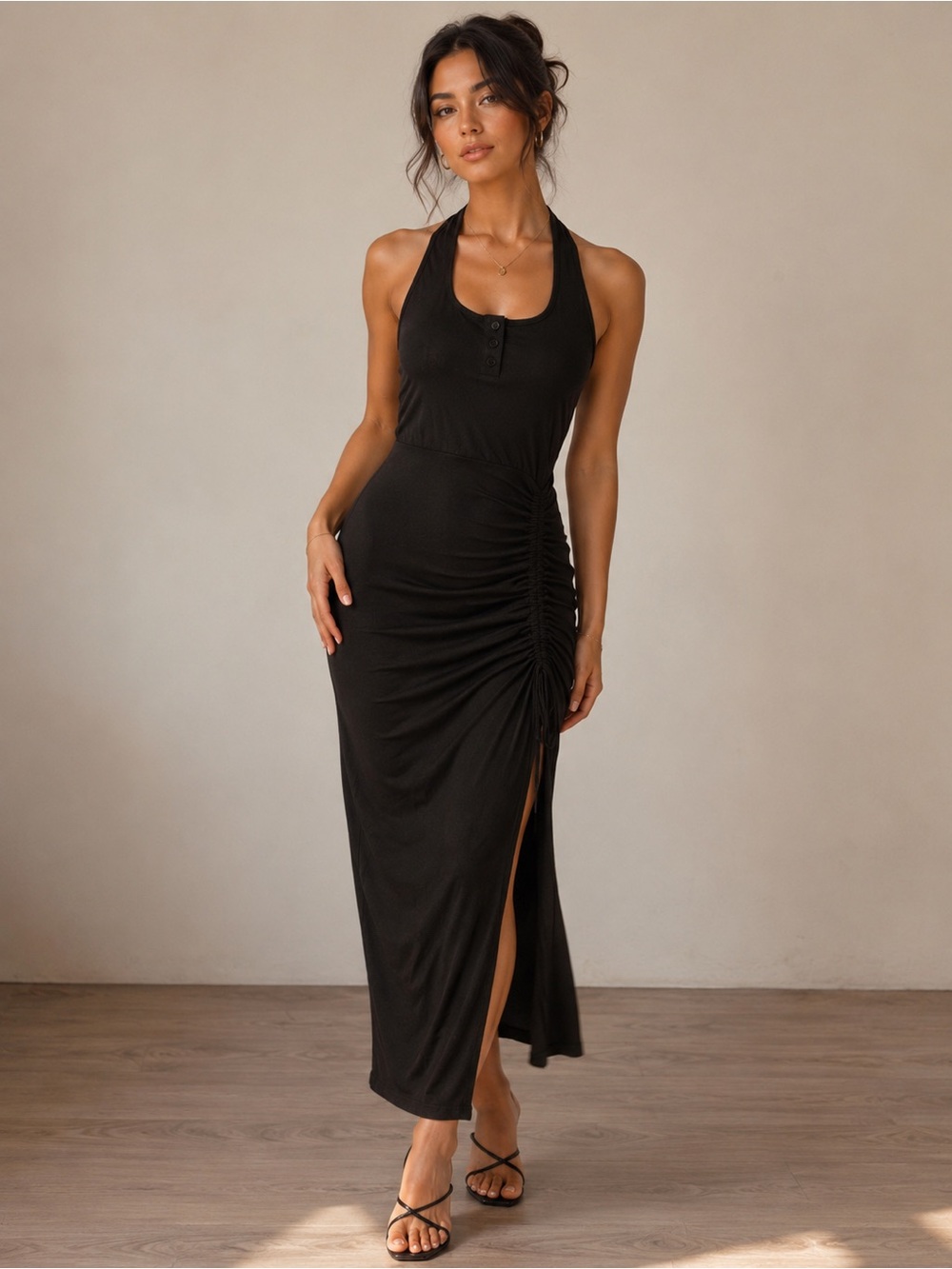 Black Ribbed Halter Midi Dress | Ruched Drawstring Side Slit | Stretch Bodycon